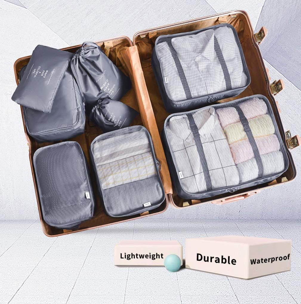 AMAYGA Organizer Suitcase Set of 8, Travel Organizers Cubes Packaging Laundry Bag Compression Bags for Clothes, Cosmetics, Shoes, Underwear (Grey), grey