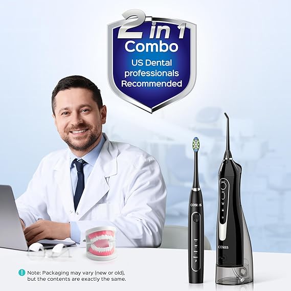 COSLUS Portable Water Flosser and Electric Toothbrush Combo: 2-in-1 Oral Clean Kit for Teeth, Braces, Gums Care - Brushing & Flossing for Adults, Family, Travel Use, BPA-Free, Black, C20 & C41