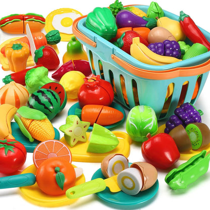 Uandhome 30 Pcs Cutting Play Food Toy for Kids Kitchen Pretend,Cooking Fruit &Vegetables Accessories with Shopping Storage Basket,Mini Dishes and Utensils for Baby Children Educational Toy,Birthday