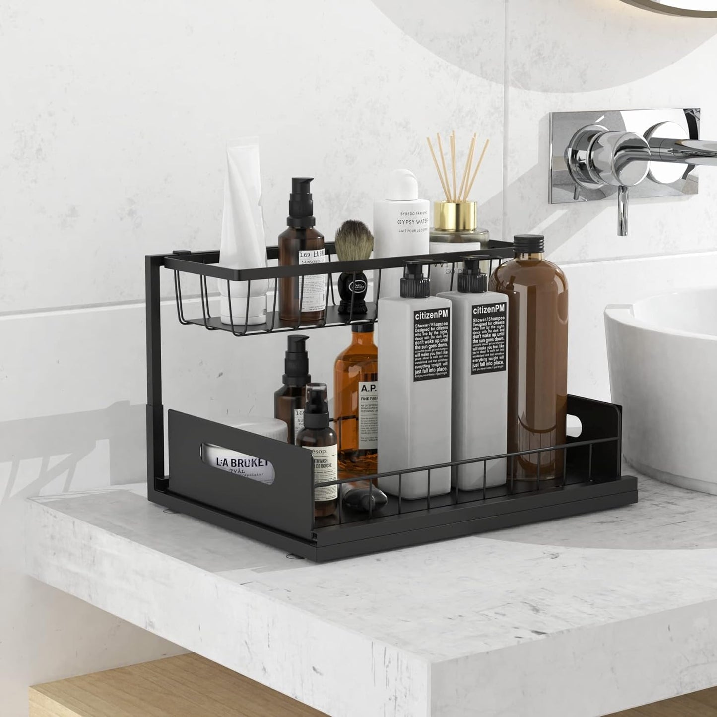 Under Sink Organizer and Storage, 2-Tier Cabinet Storage Shelves Cleaning Supplies Organizers Home Kitchen Bathroom Organization with Pull-Out Sliding Drawer (Black)