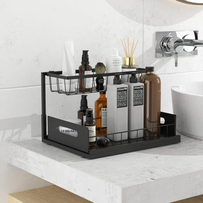 Under Sink Organizer and Storage, 2-Tier Cabinet Storage Shelves Cleaning Supplies Organizers Home Kitchen Bathroom Organization with Pull-Out Sliding Drawer (Black)