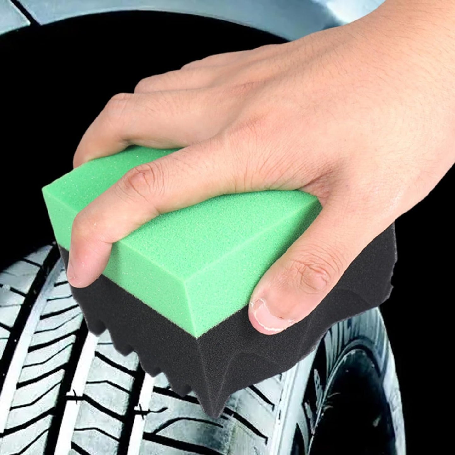 Tire Shine Sponge, Car Detailing Applicator, Wheel Cleaning Pad 3.74 x 3.35 x 2.56 Inches, Ergonomic Reusable Foam, Wave Design Grip, Paint Safe, Ideal for RV Truck Auto Coating