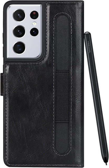 Cavor Wallet Case for Samsung Galaxy S21 Ultra 5G Case Crazy Horse Leather Flip Cover with S-Pen Pocket/S Pen Holder and Kickstand Card Slots Shockproof Protective Phone Cases-Black