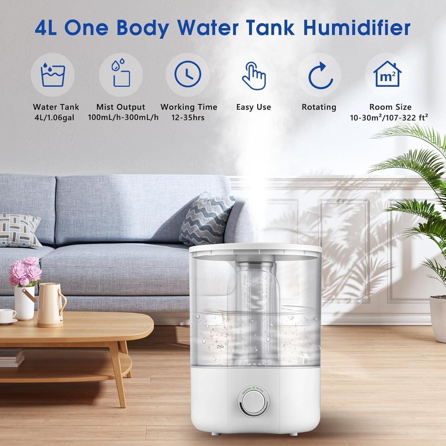 Air Humidifier for Whole House Room, 4L Ultrasonic Cool Mist Humidifier for Large Room, Adjustable 360° Knob, Auto Shut-Off, Aroma Diffuser, Essential Oil Function, Lower Noise, Humidify for Any Room.