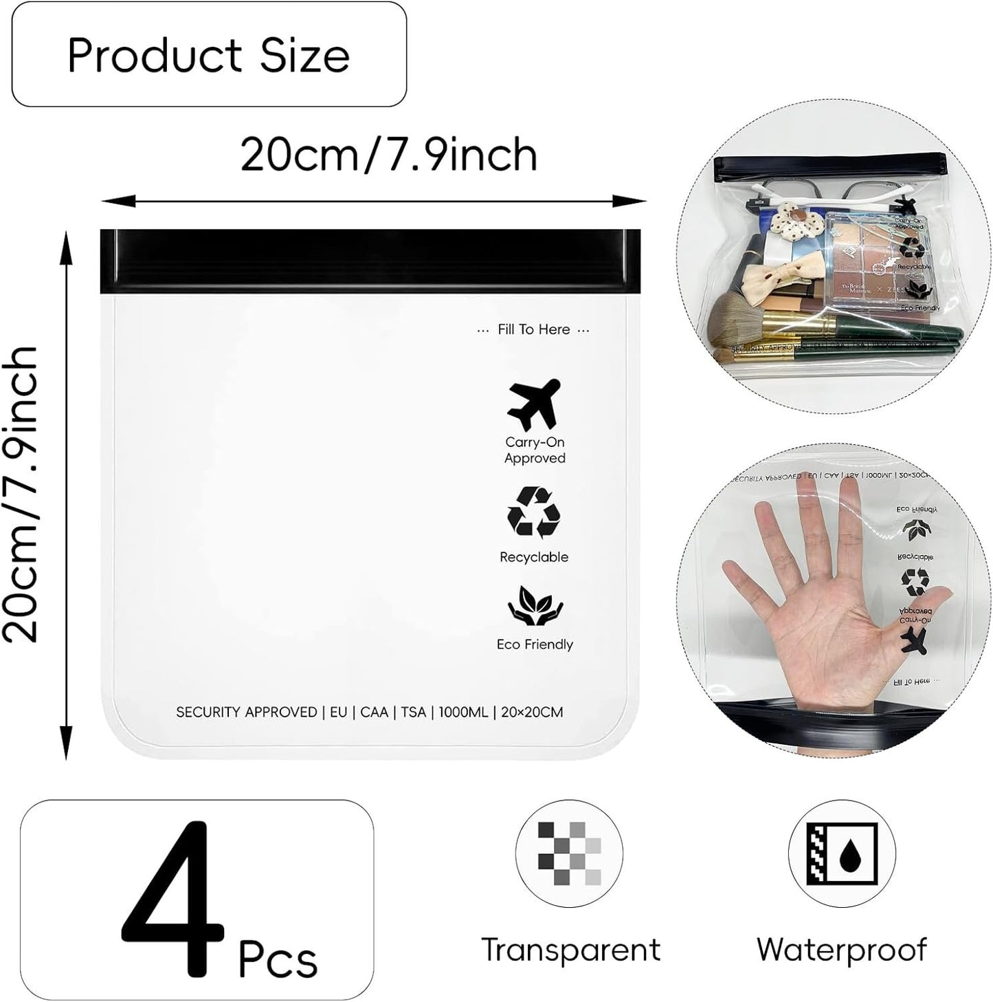Dulooca Clear Travel Toiletry Bag, 4 Pack TSA Approved Liquid Bag, Security Approved Worldwide 3-1-1 Compliant Waterproof Bags for Travel Makeup Cosmetics, Travel Accessories for Women