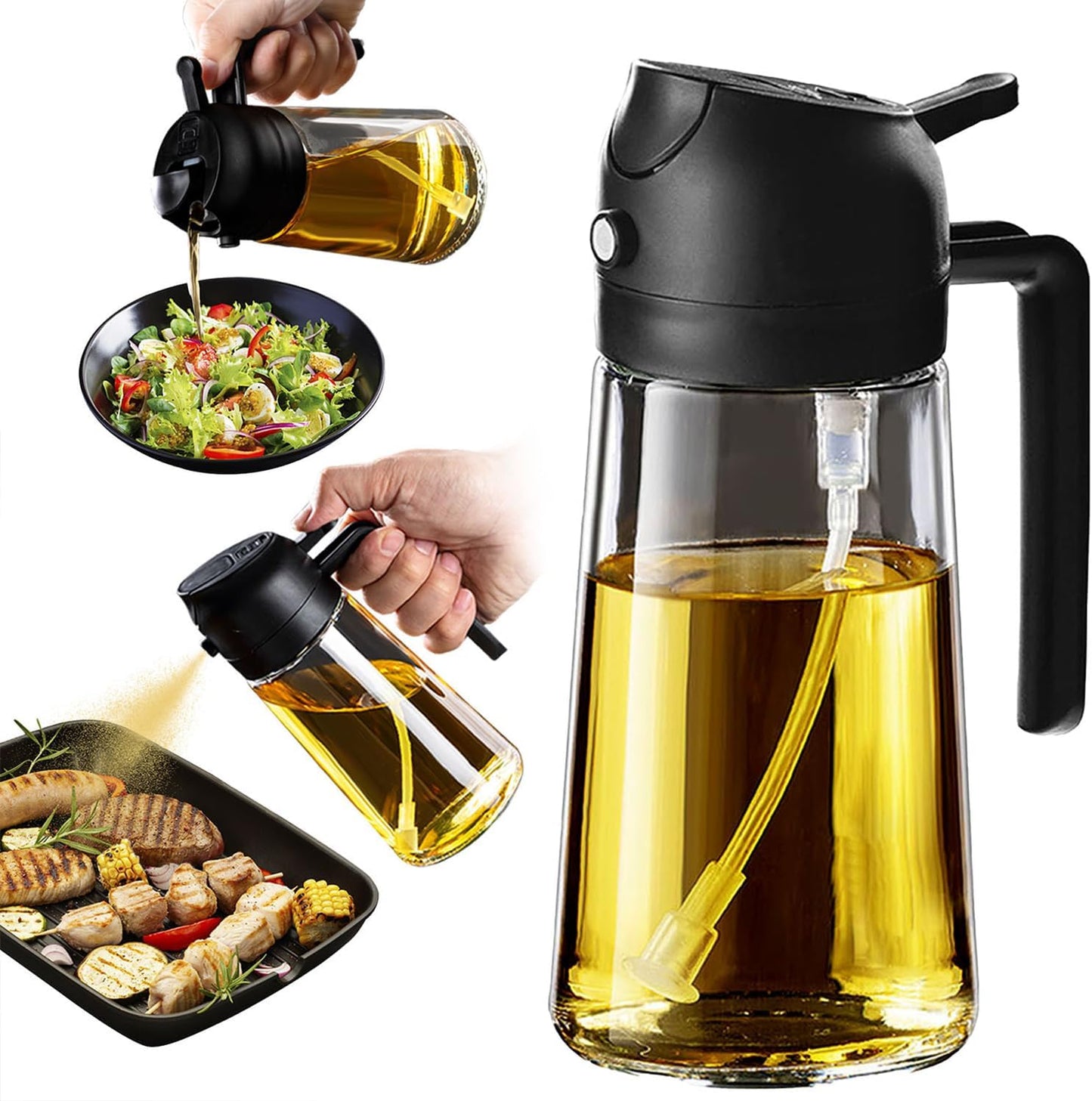 TrendPlain 16oz/470ml Olive Oil Dispenser - 2 in 1 Olive Oil Spray Bottle for Cooking, Kitchen Tools, Air Fryer, Salad, and BBQ - Black