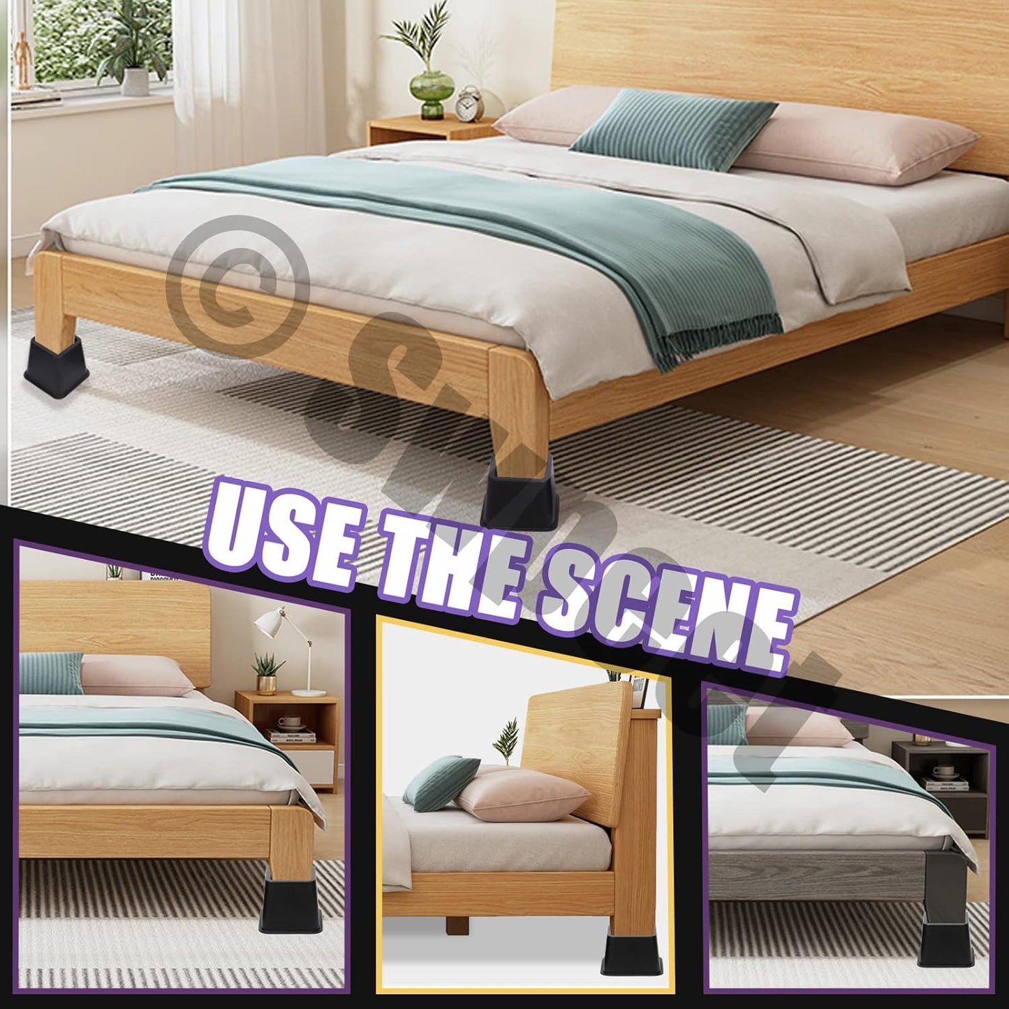 Swpeet 8Pcs Adjustable Bed Risers, Black Stackable Bed Frame Risers, 4 Large and 4 Small Bed Height Risers, Elevation in Heights 3, 5 or 8 Inch, Heavy-Duty Furniture Riser for Table, Couch and Chair