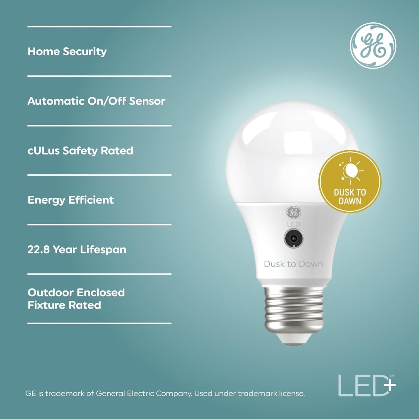 GE LED+ A19 Dusk to Dawn LED Light Bulbs, Automatic On/Off Outdoor Security Light, Soft White (2 Pack)
