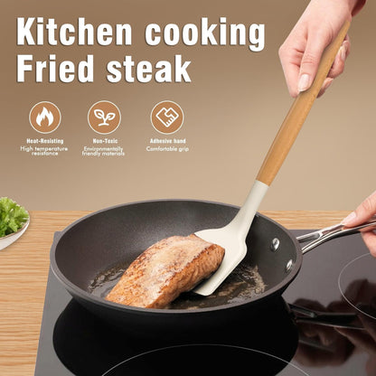 Silicone Kitchen Utensils Set, Silicone Kitchen Utensils for Cooking Wooden Handles, Heat Resistant Up to 230℃, Kitchen Spatula Set with Stand, Cookware Gadgets