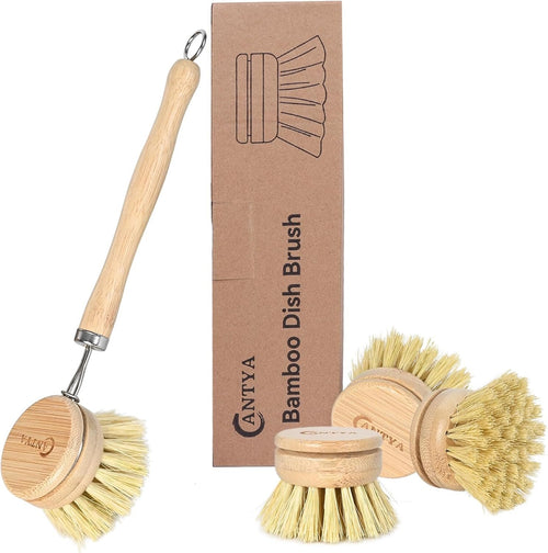Bamboo Dish Brush with Handle 4 Replacement Heads - Soft Bristles Brosse Vaisselle, Natural Dish Scrubber, Compostable & Sustainable, Vegetable Brush for Cleaning Kitchen Utensils