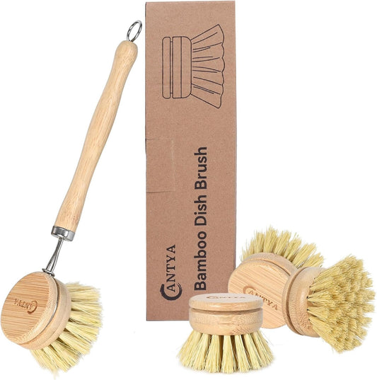 Bamboo Dish Brush with Handle 4 Replacement Heads - Soft Bristles Brosse Vaisselle, Natural Dish Scrubber, Compostable & Sustainable, Vegetable Brush for Cleaning Kitchen Utensils
