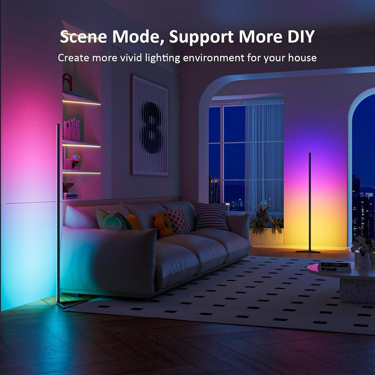 MIHEAL 2PCS Corner Floor Lamp, Synced Lights LED Control Floor Lamp RGB Light 56" Smart LED Corner Lamp App and Remote for Living Room Gaming Bedroom and Etc.
