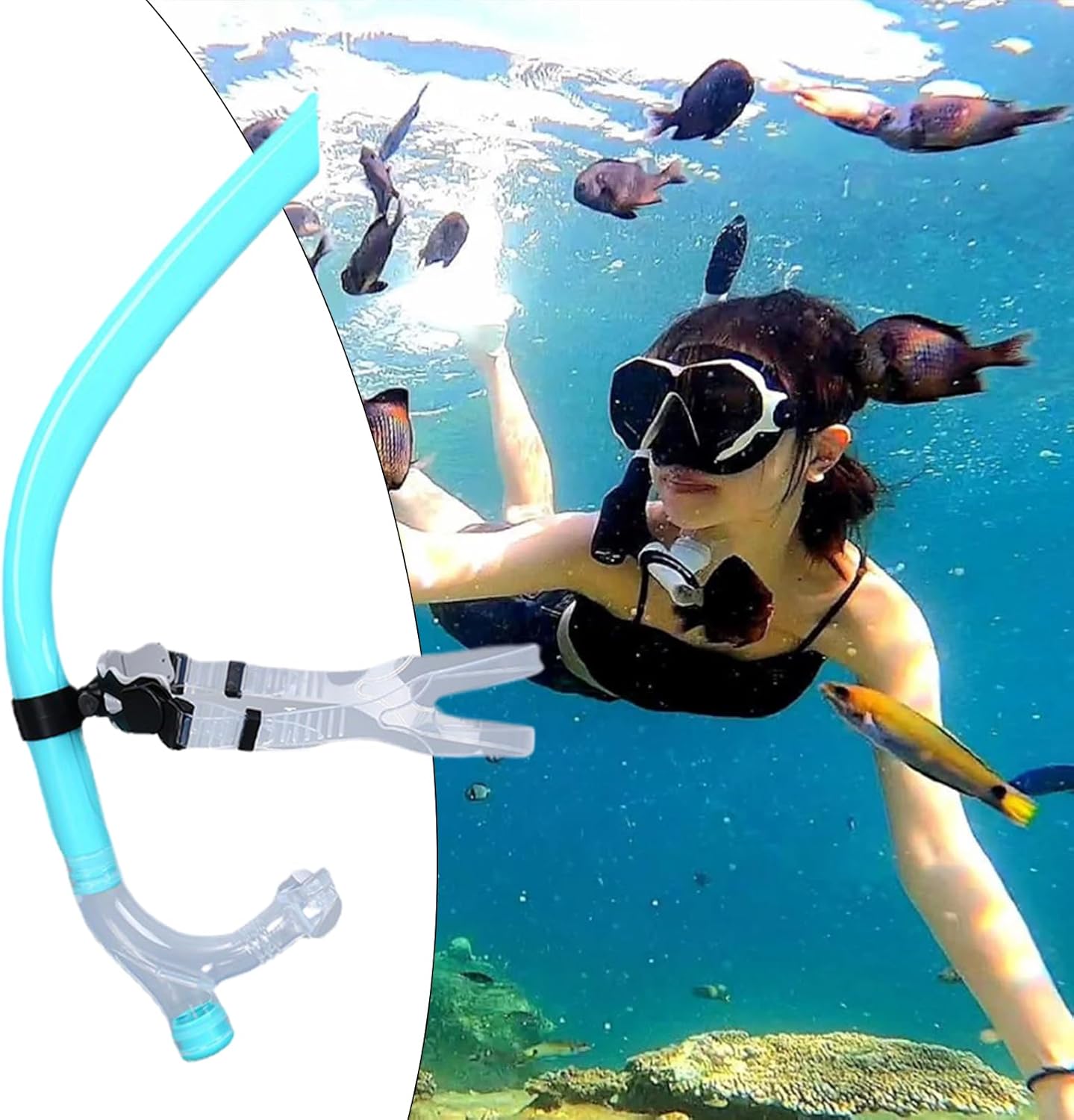 Swim Snorkel Lap Swimming, Dry Top Snorkel Tube with Soft Silicone Mouthpiece Adjustable Training Headstrap, Comfortable Diving Gear Ideal for Water Workouts and Scuba Practice