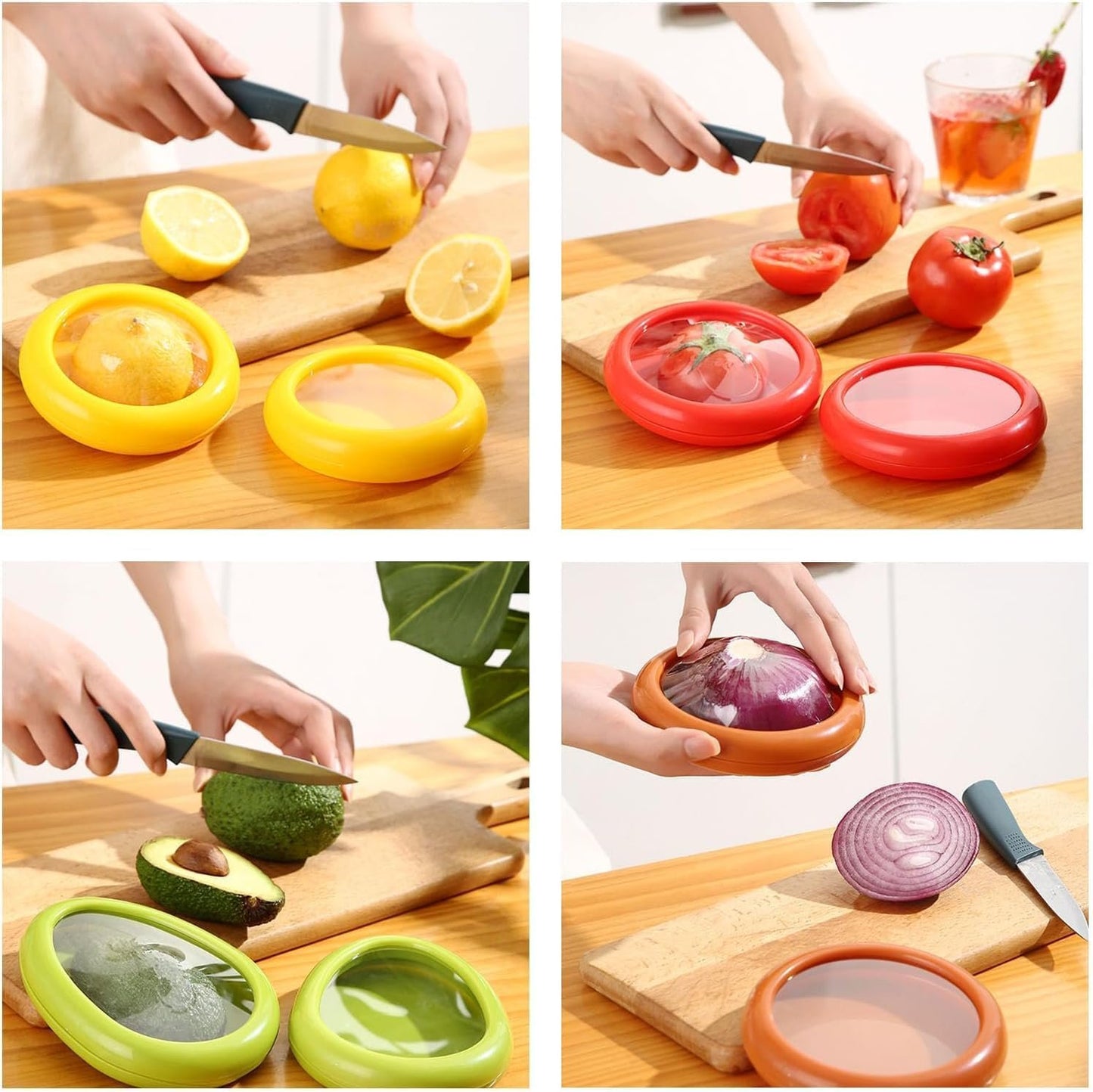 Gieyina 4PCS Fruit And Vegetable Storage Containers,Vegetable Sha Transparent Film Reusable Food Saver Set for Fridgeï¼ŒAvocado Onion Tomato and Lemon Leakproof Keeper, AU-322-2