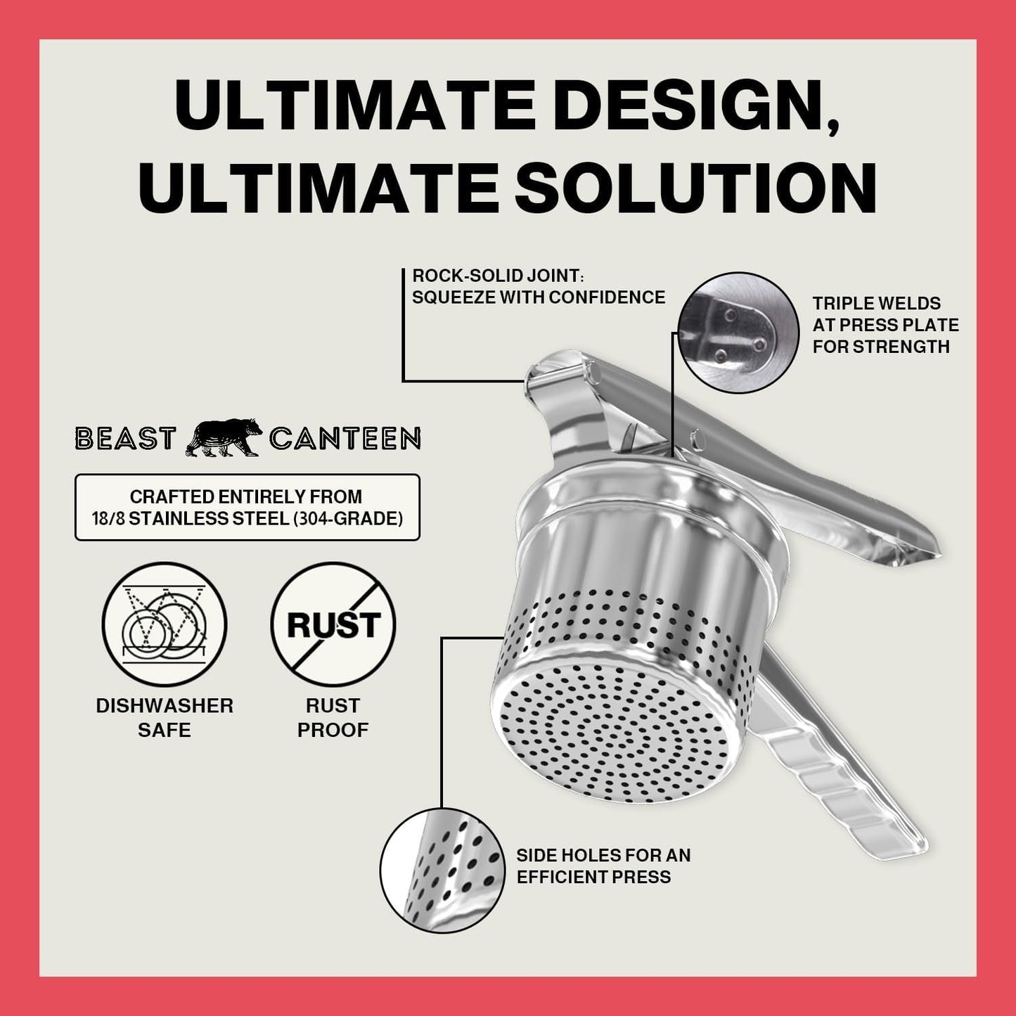 Beast Canteen Potato Ricer - 18/8 Stainless Steel, Silver, Professional Kitchen Tool, Press, Large Masher