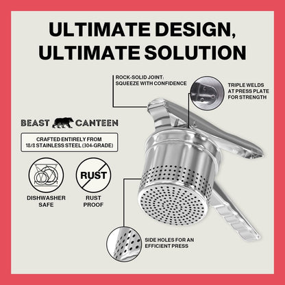 Beast Canteen Potato Ricer - 18/8 Stainless Steel, Silver, Professional Kitchen Tool, Press, Large Masher