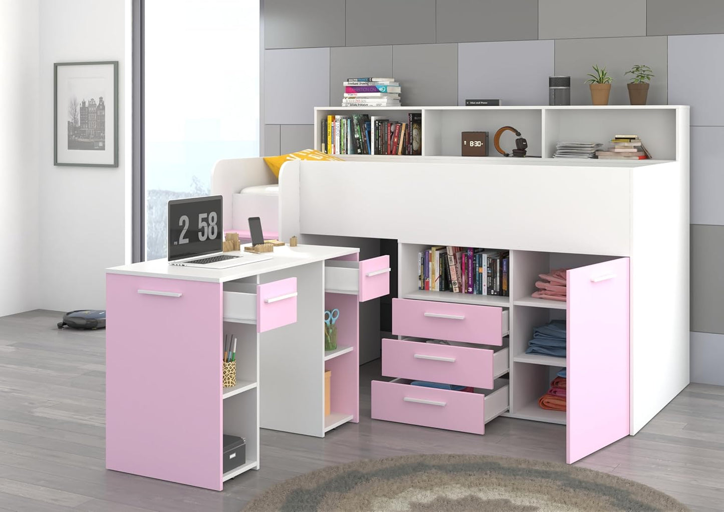 BIM Furniture NEO L Children's Furniture Bunk Bed Set Children's Bedroom Furniture One Bed with Desk, Shelves, Drawers: Left Side (White/Lavender)