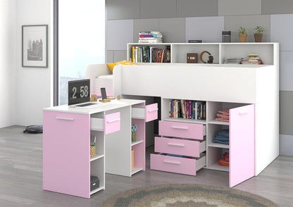 BIM Furniture NEO L Children's Furniture Bunk Bed Set Children's Bedroom Furniture One Bed with Desk, Shelves, Drawers: Left Side (White/Lavender)