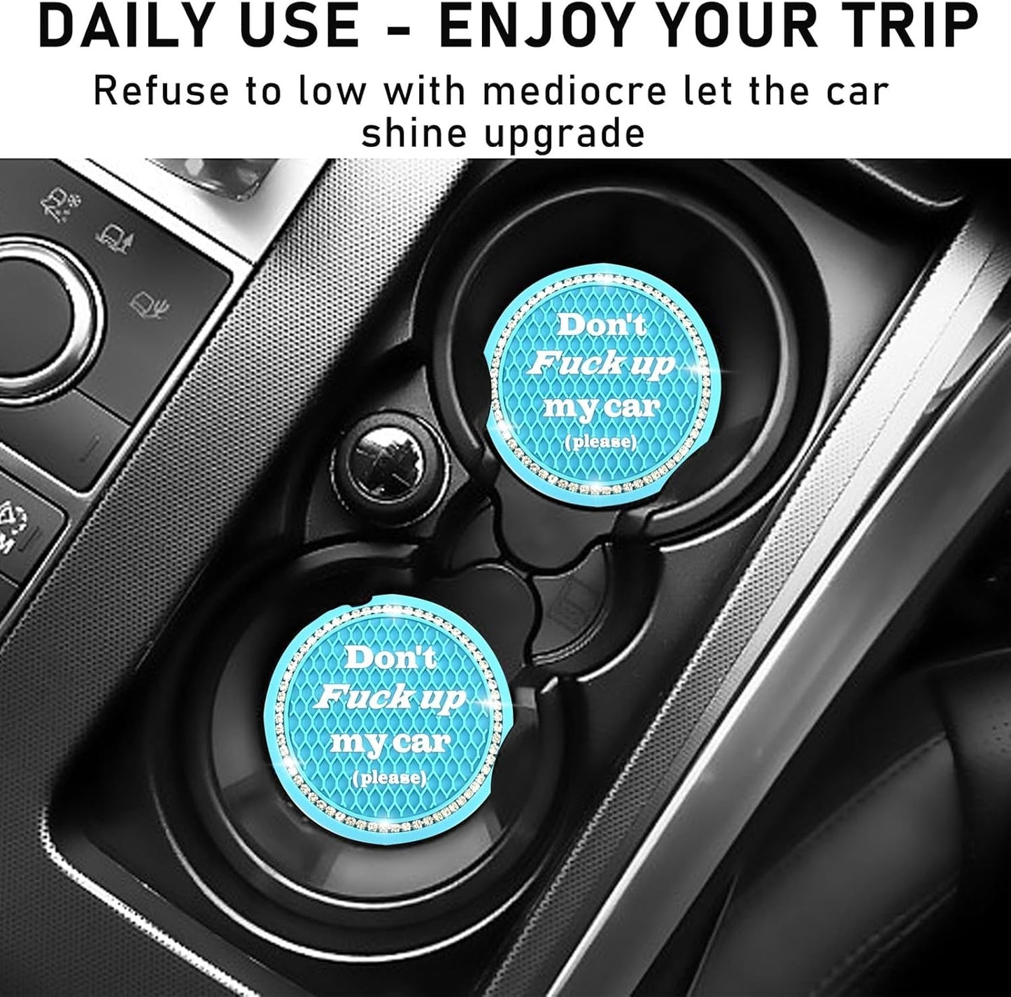 Kewucn 2 Pack Bling Car Cup Holder Coasters, 2.81 inch Anti-Slip Soft Rubber Crystal Rhinestone Auto Cup Insert Pad, Universal Vehicle Interior Decor Accessories for Car SUV Truck (Light Blue)