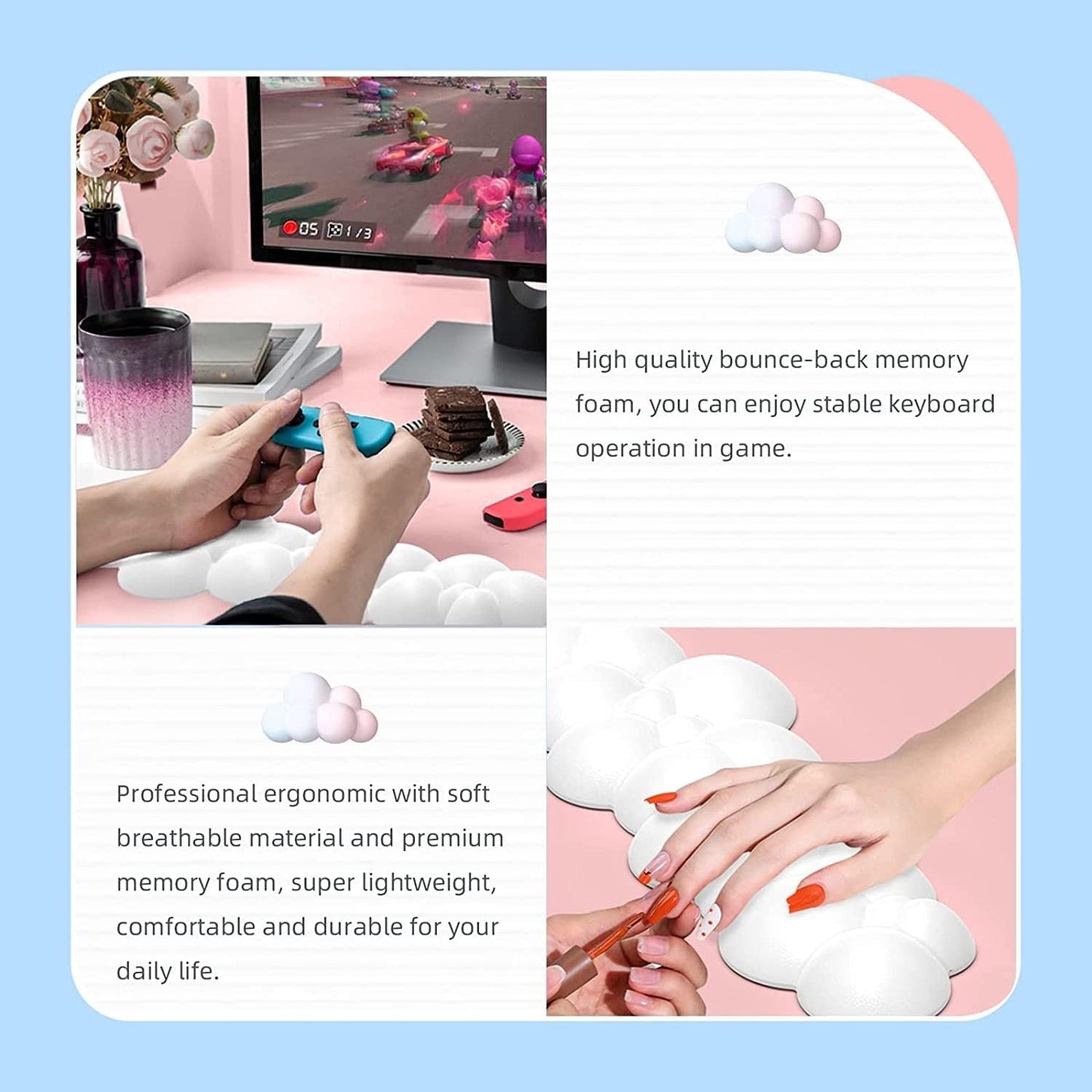 Cloud-Soft Ergonomic Wrist Rest for 100 Keys 87 Keys 68keys Keyboard PU Material Anti-Slip Rubber Base Memory Foam Cloud-Shaped Palm Rest for Computer Laptop,Pain Relief (White)