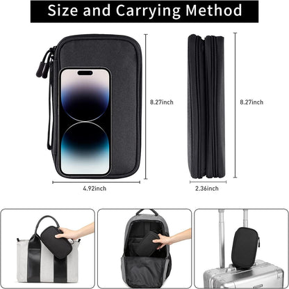 Portable Electronics Travel Organizer with Double Layer Design, Waterproof Electronic Organizer to Hold USB Flash Drive, Cords, Chargers, Phones, Earphones, Power Banks, Mouse, and SD Card Black
