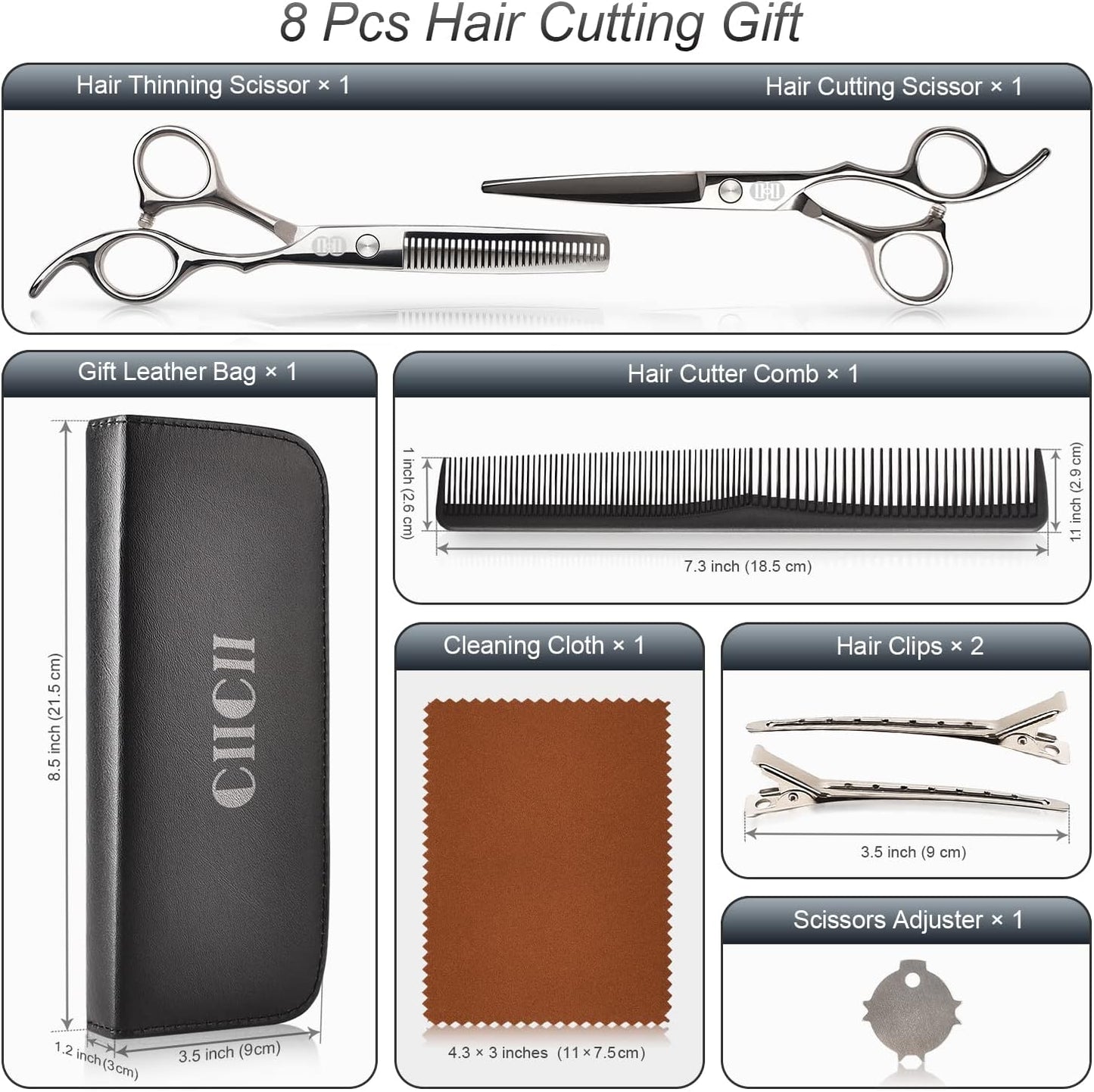 Hair Cutting Scissors Shears Set, CIICII Professional Hairdressing Scissors Kit (Hair Beard Trimming Shaping Grooming Thinning Shears) for Men Women Pets Home Salon Barber Cutting Kit (Silver)