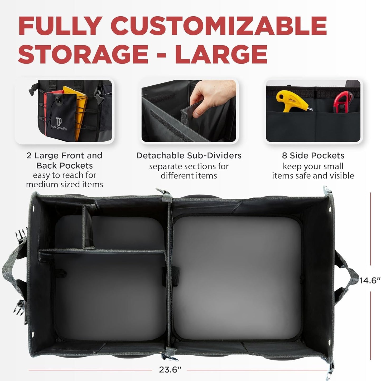 TRUNKCRATEPRO Trunk Organizer For Car, SUV, Car Organizers And Storage. Premium Adjustable Multi Compartments Durable Foldable Gift, Car Accessories W 2 Straps (Regular, Black)