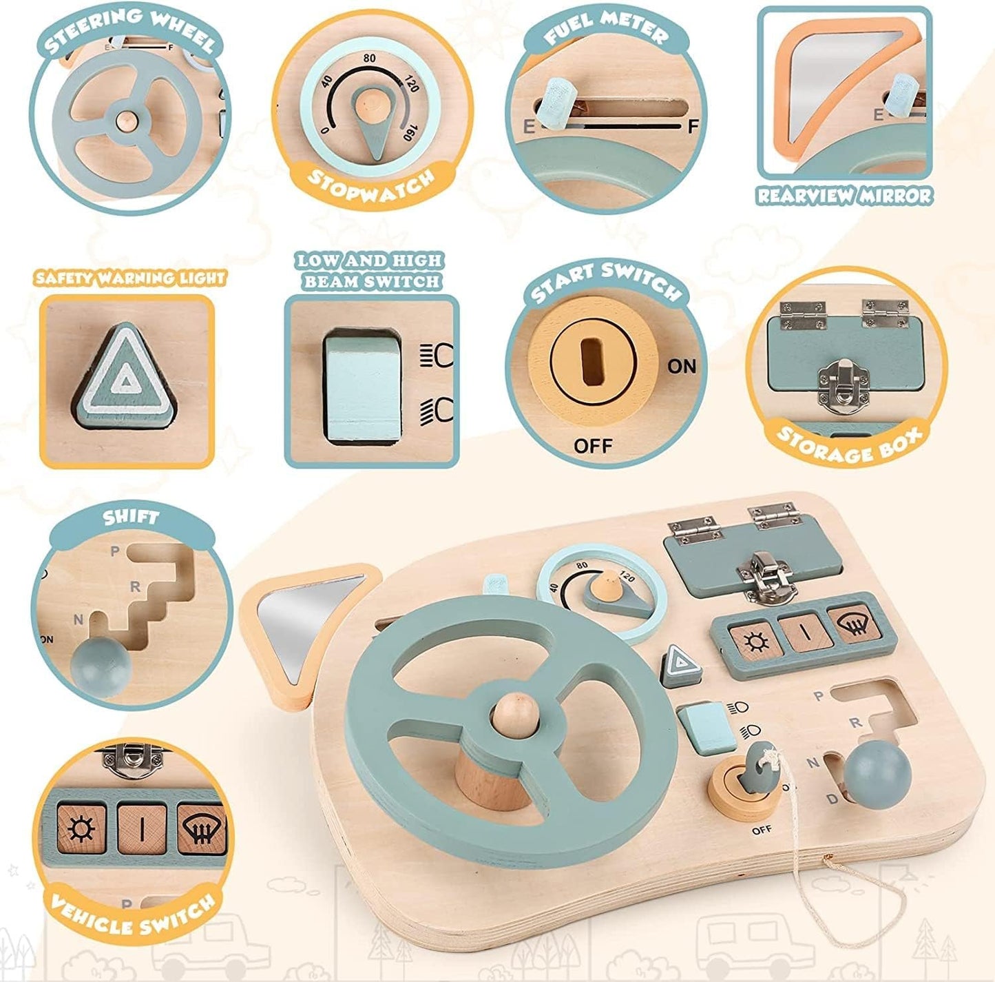 Vanplay Montessori Busy Board Steering Wheel - Wooden Sensory Toys for Toddler 1-2 Year Old Preschool Learning Activities for Fine Motor Skills Toddler Travel Toys for 1 2 3 4 5