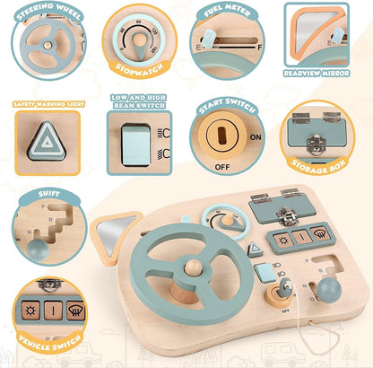 Vanplay Montessori Busy Board Steering Wheel - Wooden Sensory Toys for Toddler 1-2 Year Old Preschool Learning Activities for Fine Motor Skills Toddler Travel Toys for 1 2 3 4 5