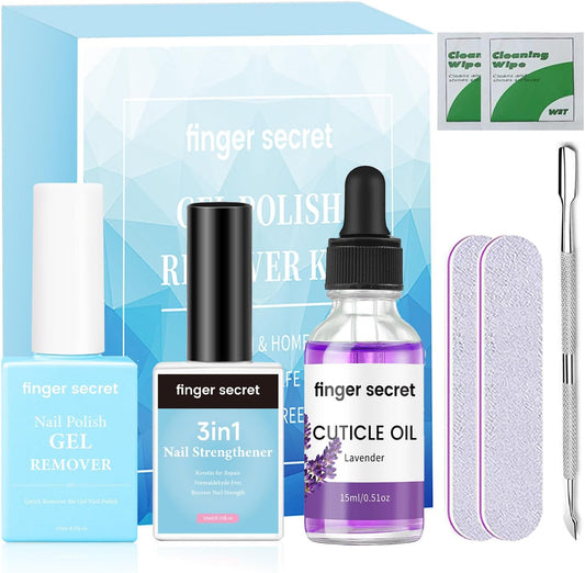 Gel Nail Polish Remover Kit: Nail Care with Nail Polish Remover, Cuticle Oil, 3-In-1 Nail Strengthener and Professional Tools Kit for Nail Growth and Nail Health,Enhance Nail Care