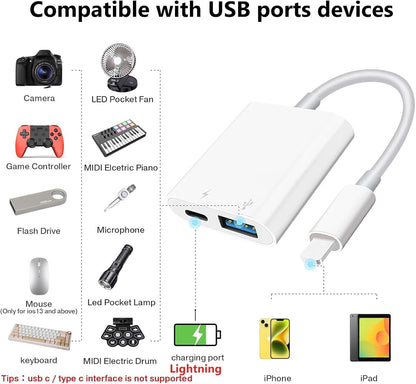 Lightning to USB Camera Adapter for iPhone with Charging Port USB 3.0 Female OTG Cable for iPhone to Connect USB Flash Drive U Disk Keyboard Mouse Hubs Midi