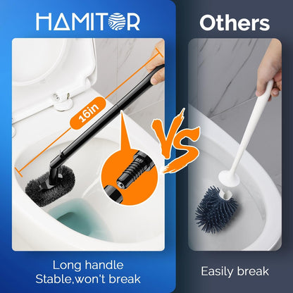 HAMITOR Toilet Brush and Plunger Set, Plungers for Bathroom Toilet Heavy Duty, Bowl Brush and Holder with Extended Handle, 2-in-1 Bathroom Accessory Cleaning Combo with Modern Caddy Stand - Black