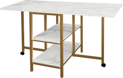 AT-VALY Folding Dining Table with 2 Storage Open Shelf Drop Leaf Extension Dining Table Top Folding 15.7" to 55.1" Kitchen Table (Gold)