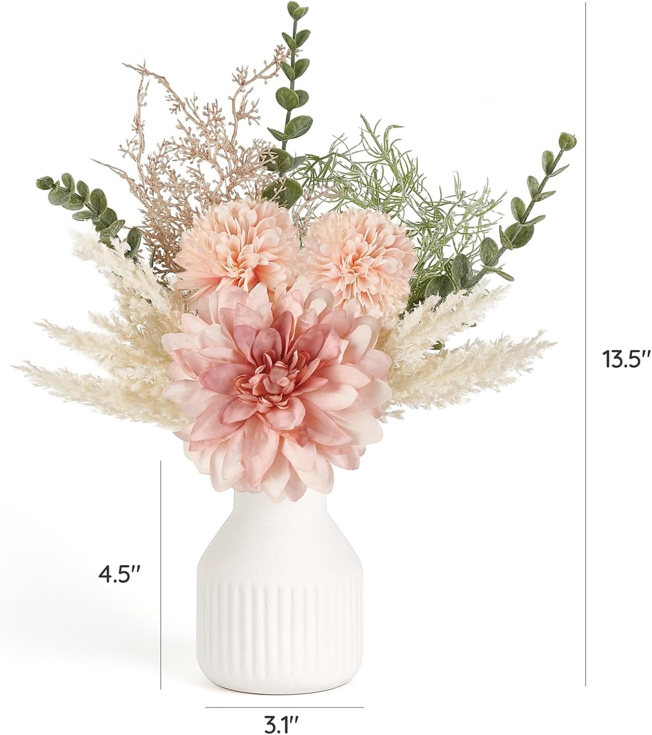 Mkono Small Artificial Flowers in Ceramic Vase 13.5" Centerpieces Coffee Table Decor, Silk Flower Arrangements for Home Decor Indoor Fake Flower Bouquet for Dining Room Kitchen Wedding Pink