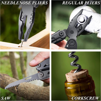 RoverTac Multitool Pocket Knife Tactical Camping Survival Knife Gifts for Men Dad Husband 18 in 1 Multi Tool Knife Pliers Scissors Saw Corkscrew 9-Pack Screwdrivers with Safety Lock and Nylon Sheath