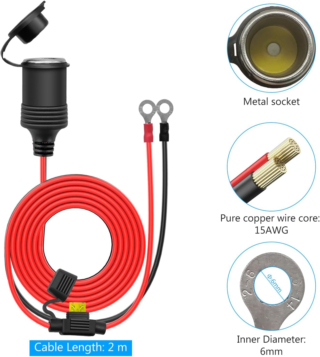 Hoembpn 2M Car Cigarette Lighter Socket Extension Cable 12V / 24V Cigarette Lighter Adapter 15AWG 20A Car Charger to Dual USB Port Cigarette Lighter 12 V/24 V for Car, Truck, Truck