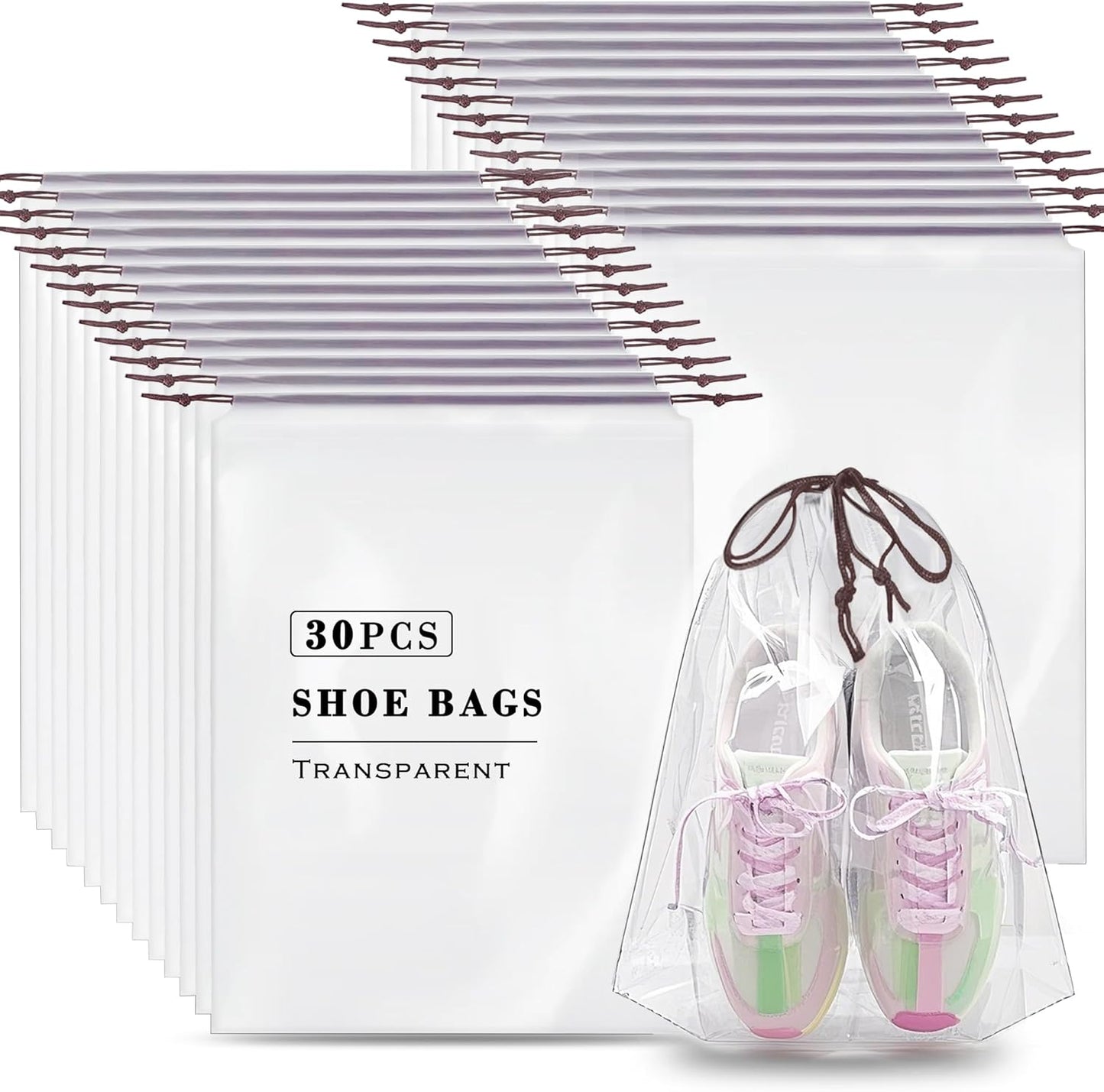 Shoe Bags for Travel, Transparent Waterproof Drawstring Dust Bags (11.8” x 15.7”) for Packing, Shoe Organization & Storage – Ideal for Men & Women, Clear, Large, 30 Transparent