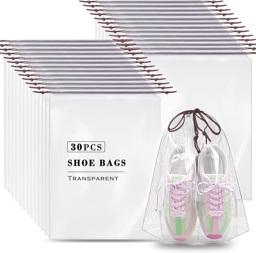 Shoe Bags for Travel, Transparent Waterproof Drawstring Dust Bags (11.8” x 15.7”) for Packing, Shoe Organization & Storage – Ideal for Men & Women, Clear, Large, 30 Transparent