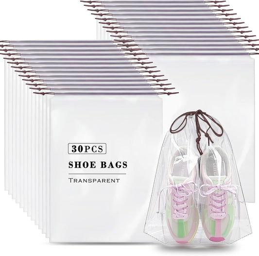 Shoe Bags for Travel, Transparent Waterproof Drawstring Dust Bags (11.8” x 15.7”) for Packing, Shoe Organization & Storage – Ideal for Men & Women, Clear, Large, 30 Transparent