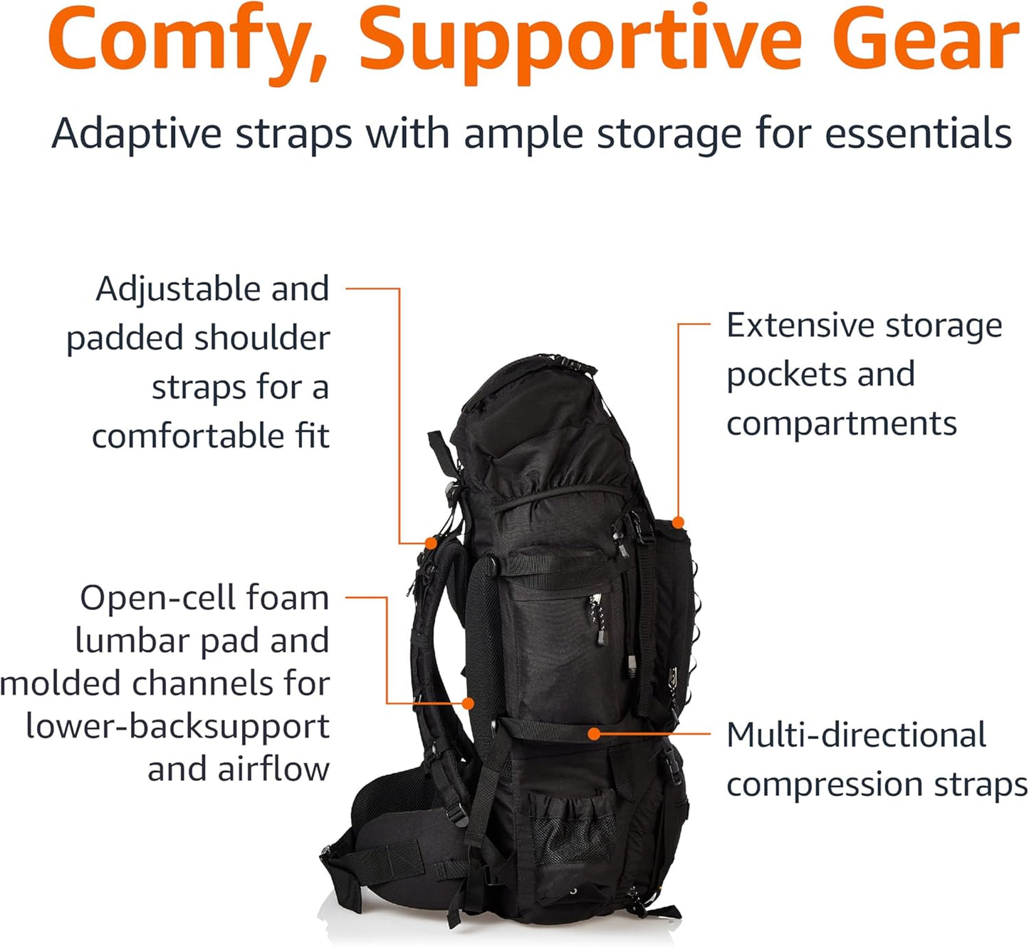 Amazon Basics Internal Frame Hiking Backpack with Rainfly, Rucksack Bag for Men & Women, Large Water Resistant Trekking Hiking Bag Travel Backpack, 75L, Black