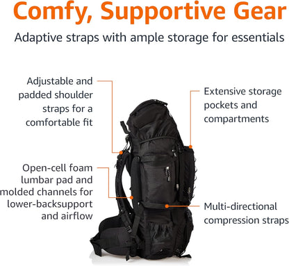Amazon Basics Internal Frame Hiking Backpack with Rainfly, Rucksack Bag for Men & Women, Large Water Resistant Trekking Hiking Bag Travel Backpack, 75L, Black