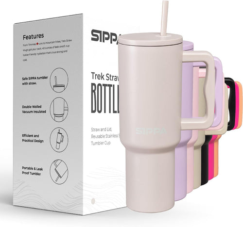 SIPPA Insulated Tumbler with Handle AKA Gobelet Isotherme, Double Wall Vacuum Tumbler with Straw and lid, Reusable Stainless Steel Water Bottle with Handle, Leak Proof Tumbler for Iced Coffee (Cream)