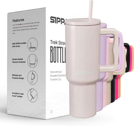 SIPPA Insulated Tumbler with Handle AKA Gobelet Isotherme, Double Wall Vacuum Tumbler with Straw and lid, Reusable Stainless Steel Water Bottle with Handle, Leak Proof Tumbler for Iced Coffee (Cream)