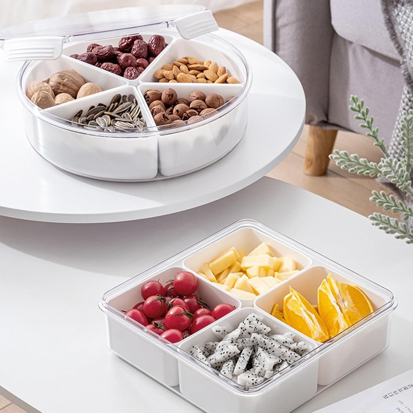 Famiredo Food Storage Organizer with Lid, Divided Serving Tray with 4 or 5 Removable Boxes, Stackable Refrigerator Organizer Bins Produce Saver for Meal Prep (Square)
