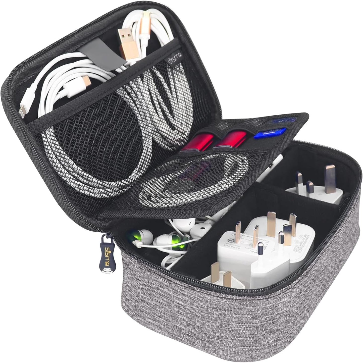 sisma Travel Electronics Organiser Carrying Case for Power Cords Power Bank Earbuds Hard Drives Memory Cards Laptop Adapter Mouse Small Tech Accessories -Grey 1680d Fabrics