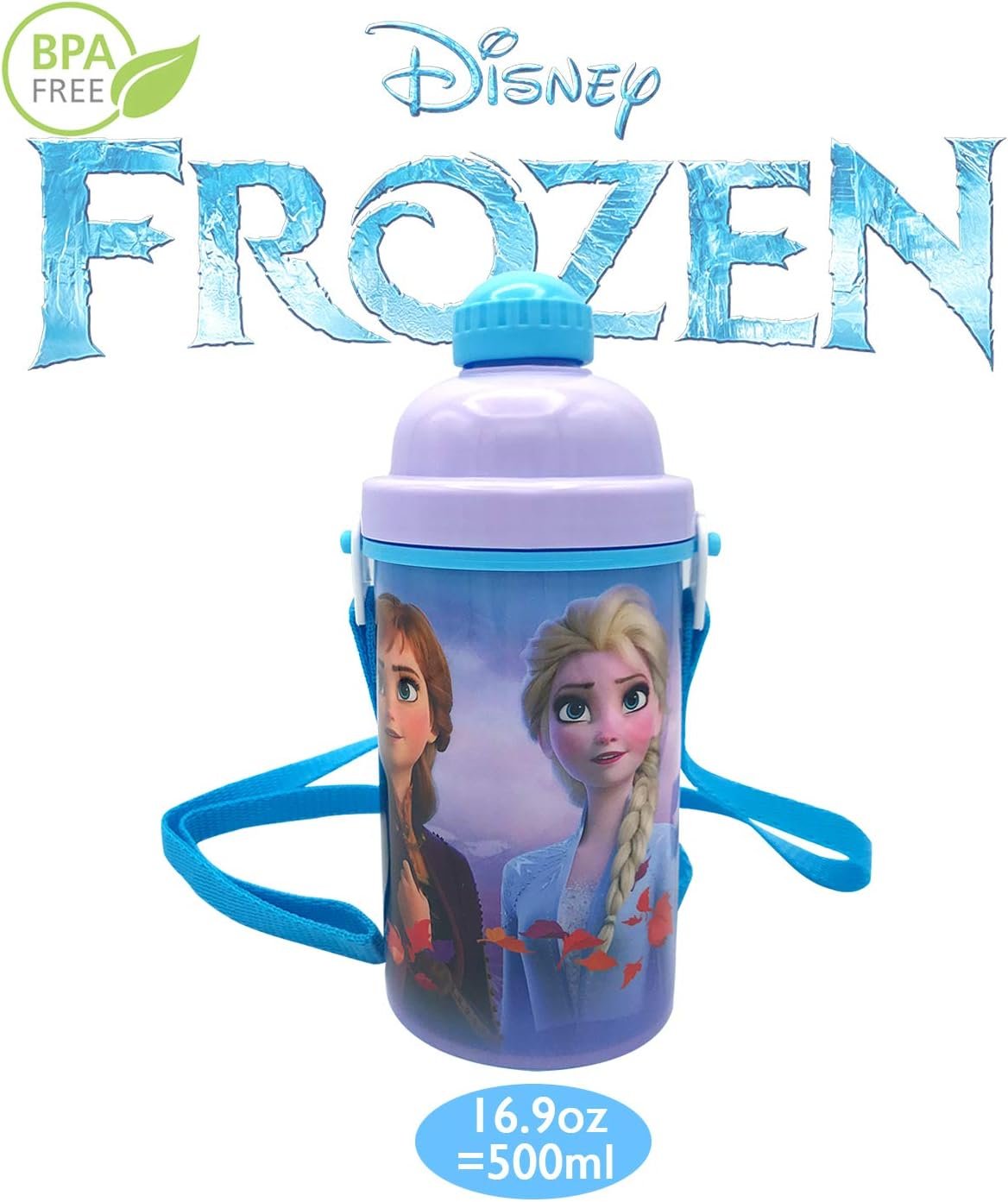 Disney Frozen Deluxe Carrying Strap One Touch Water Bottles with Reusable Built in Straw (Snow Canteen 16.9oz)