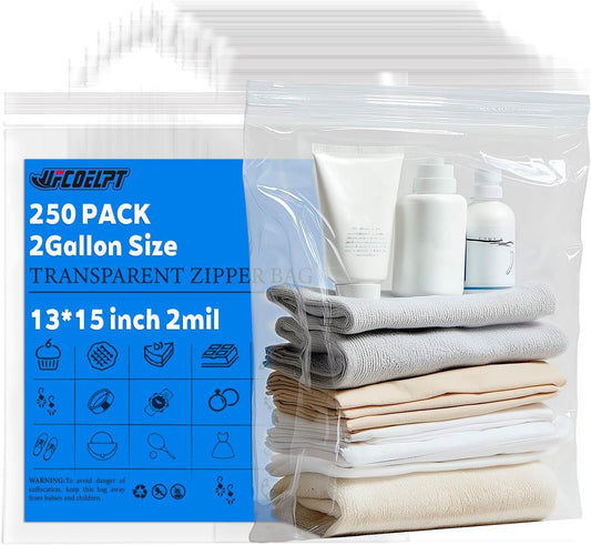 13x15 Inch (2 Gallon Equivalent) Zip Bags, Heavy-Duty Reclosable Freezer Storage Baggies, 250 Pack Thick Plastic Zip Top Lock Bags for Food, Clothes, Organization