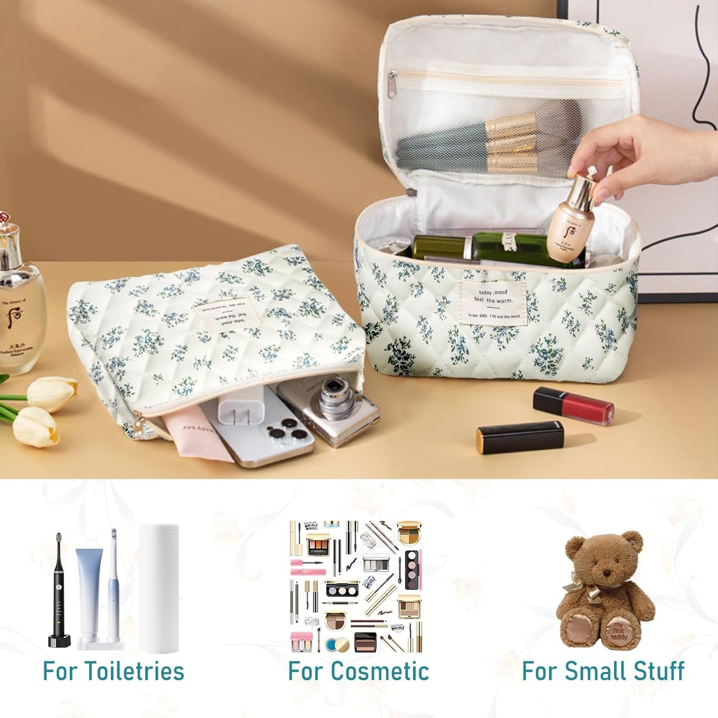 Large Makeup Bag Floral Cosmetic Bag Quilted Flower Travel Makeup Toiletry Bags Set Organizer Cotton Cute Make Up Accessories Zipper Bags Pouch Travel Essentials Gifts for Women Teen Girls Blue