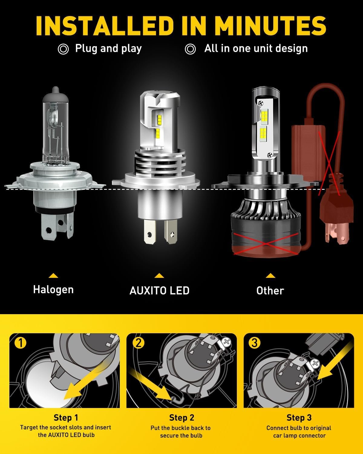 AUXITO H4 9003 HB2 LED Headlight Bulbs, 22000LM Per Set Super Bright 6500K Xenon White for High and Low Beam, Plug and Play, Pack of 2