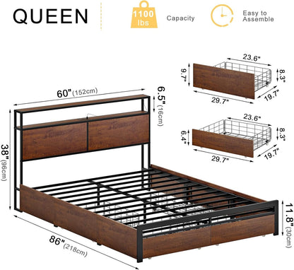 HAUSOURCE Queen Bed Frame with Storage Headboard and 4 Drawers LED Lights Metal Platform Non-Slip Without Noise Mattress Foundation Strong Metal Slats Support No Box Spring Needed